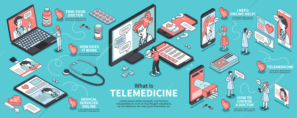 Isometric telemedicine infographics with colorful icons of doctors patients devices and medication 3d vector illustration