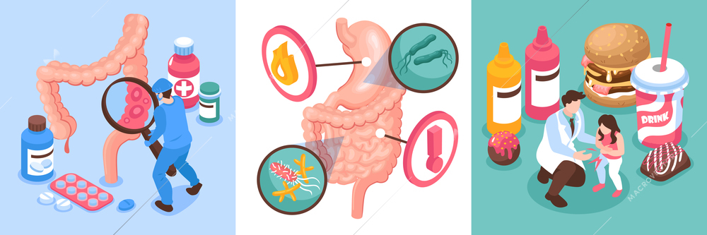 Isometric gastroenterology design concept set with fast food nutritional consequences helicobacter and treatment vector illustration