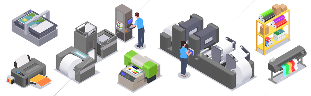 Printing house isometric collection of isolated icons with color print equipment facility with printed goods images vector illustration