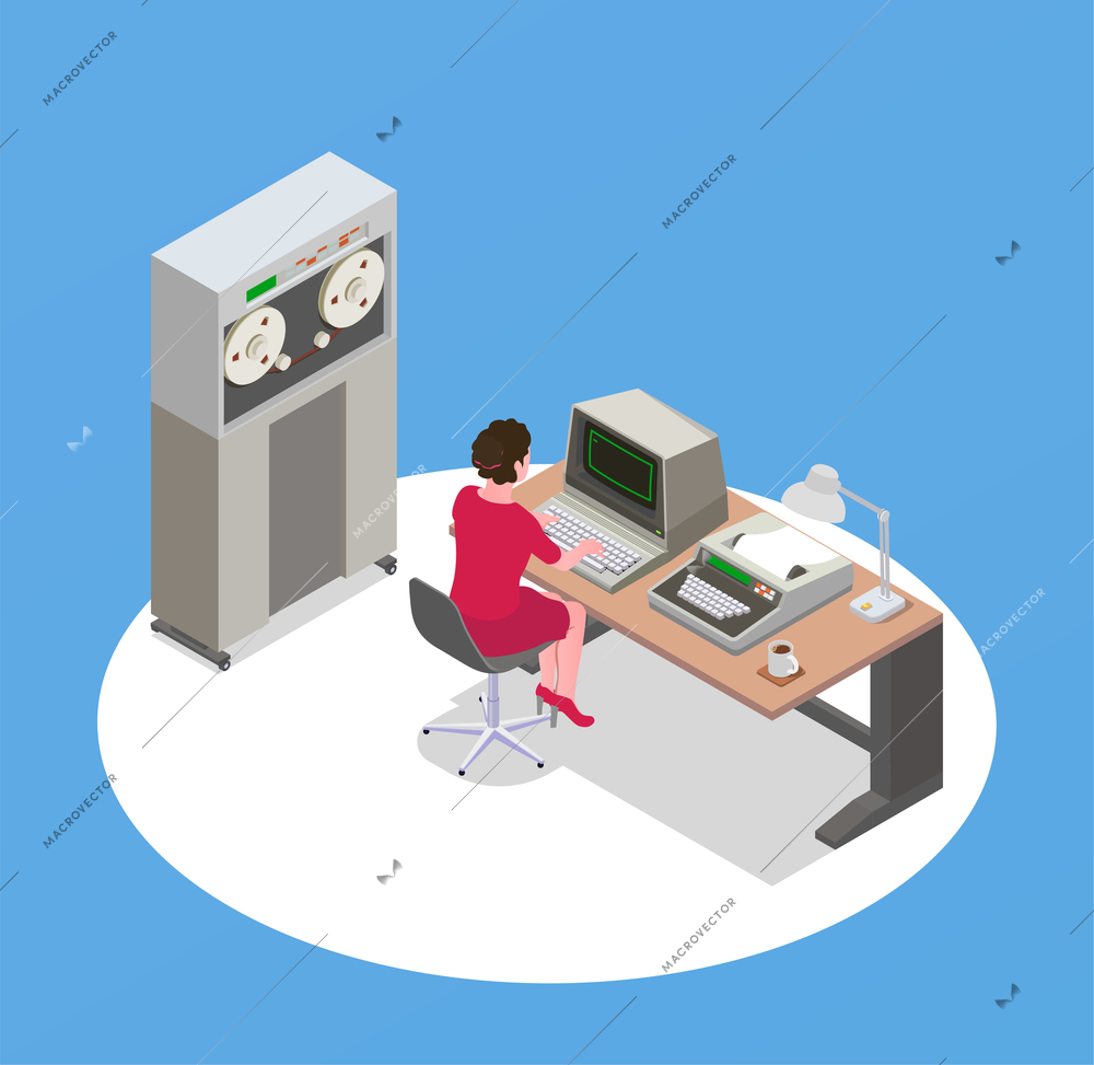 Retro devices isometric composition with female character sitting at table with vintage computers and tape cabinet vector illustration