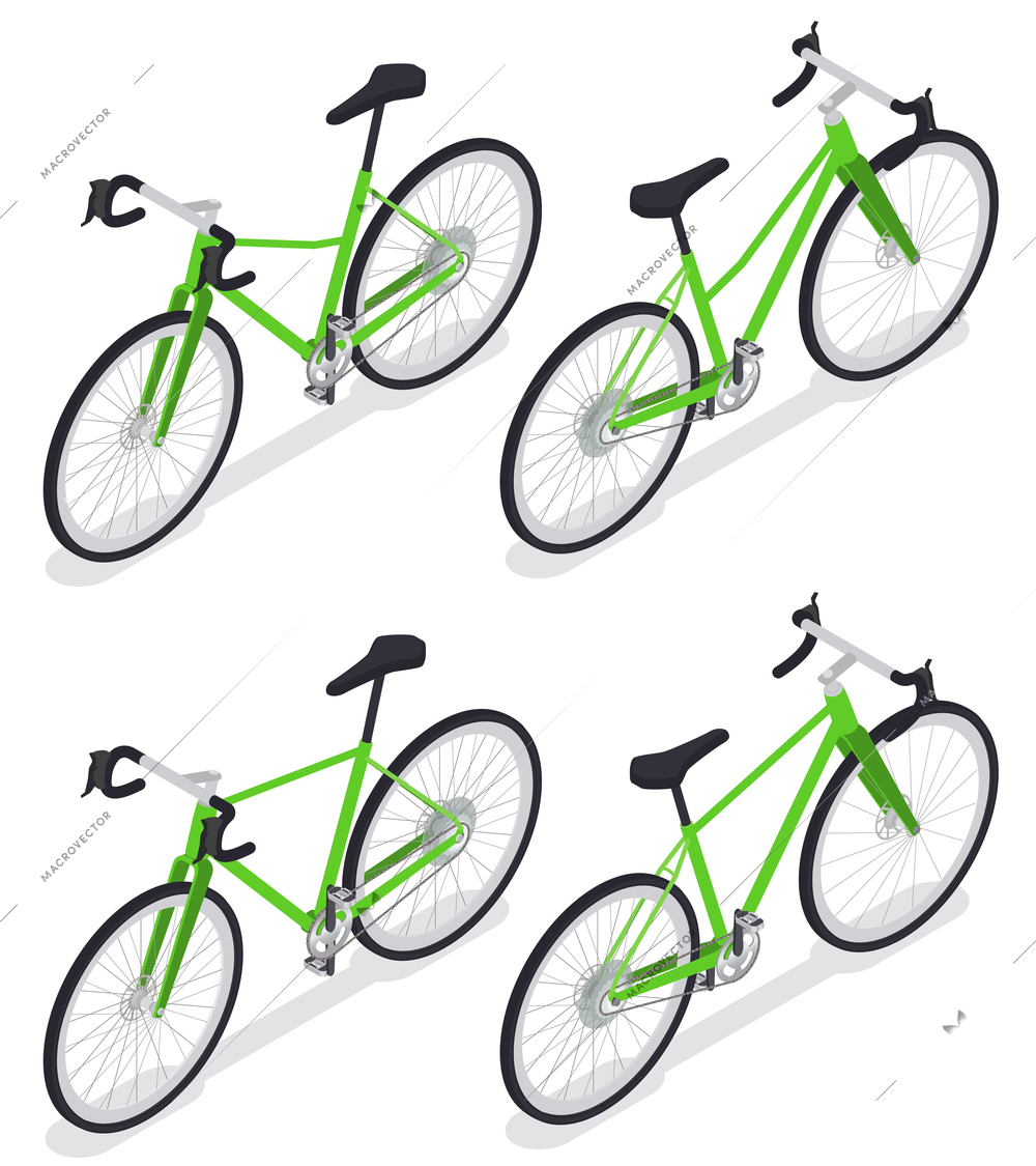 Set of isolated sport cycling images of road bicycles cruisers icons with shadows on blank background vector illustration