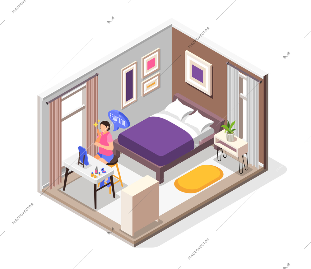 Human needs isometric composition with sleep comfort and beauty symbols vector illustration