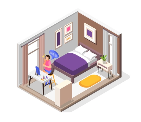 Human needs isometric composition with sleep comfort and beauty symbols vector illustration