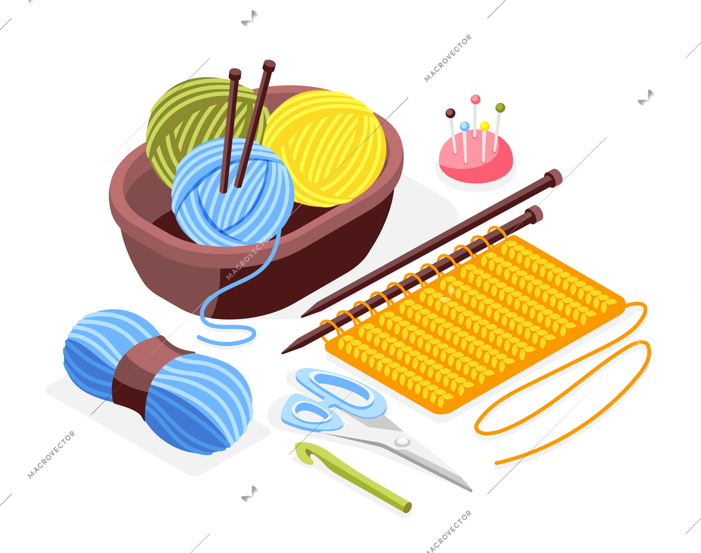 Hobby crafts isometric background with knitting needles scissors  piece of knitted clothing and clews in basket vector illustration