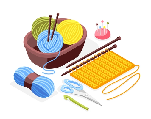 Hobby crafts isometric background with knitting needles scissors  piece of knitted clothing and clews in basket vector illustration