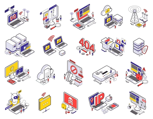 Web hosting isometric and isolated icon set with abstract situations elements signs vector illustration