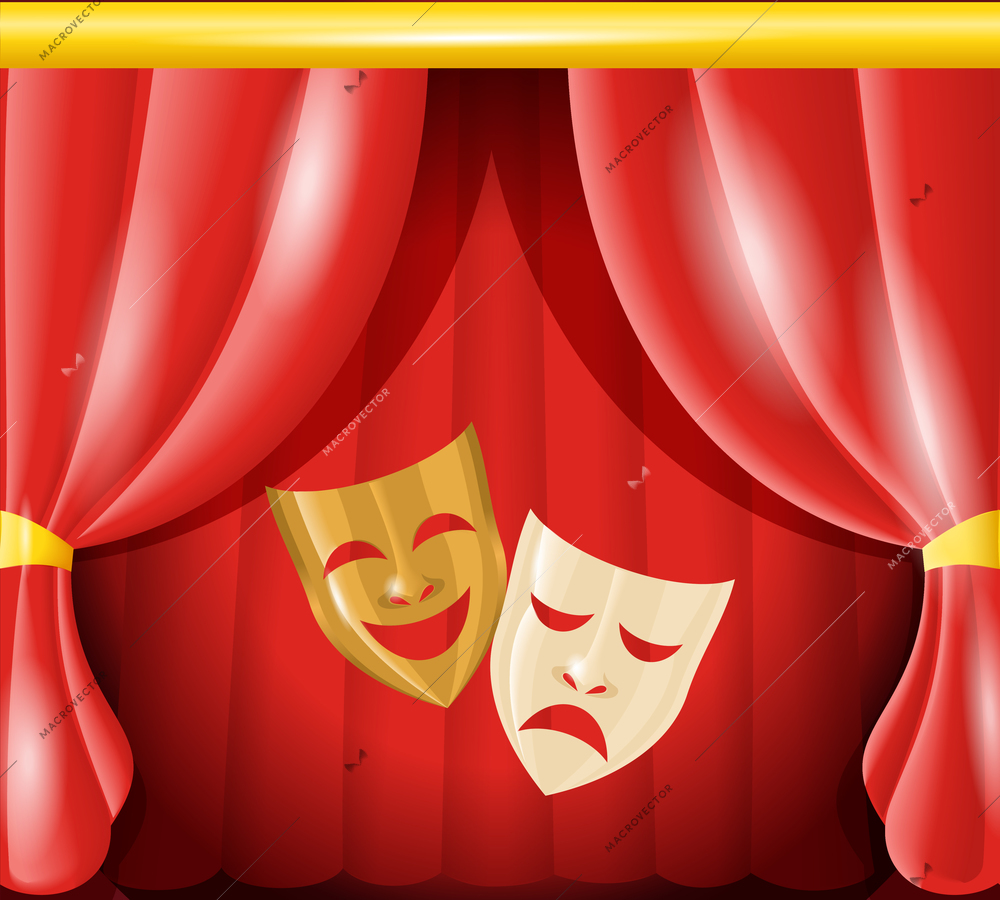 Theater happy and sad masks on red curtain background vector illustration