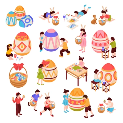 Easter isometric colored icons set of kid characters painting big eggs on white background isolated vector illustration