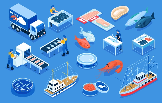 Fishing production color set of delivery transport fresh and salt fish products canned red caviar shrimps on blue background  isometric vector illustration