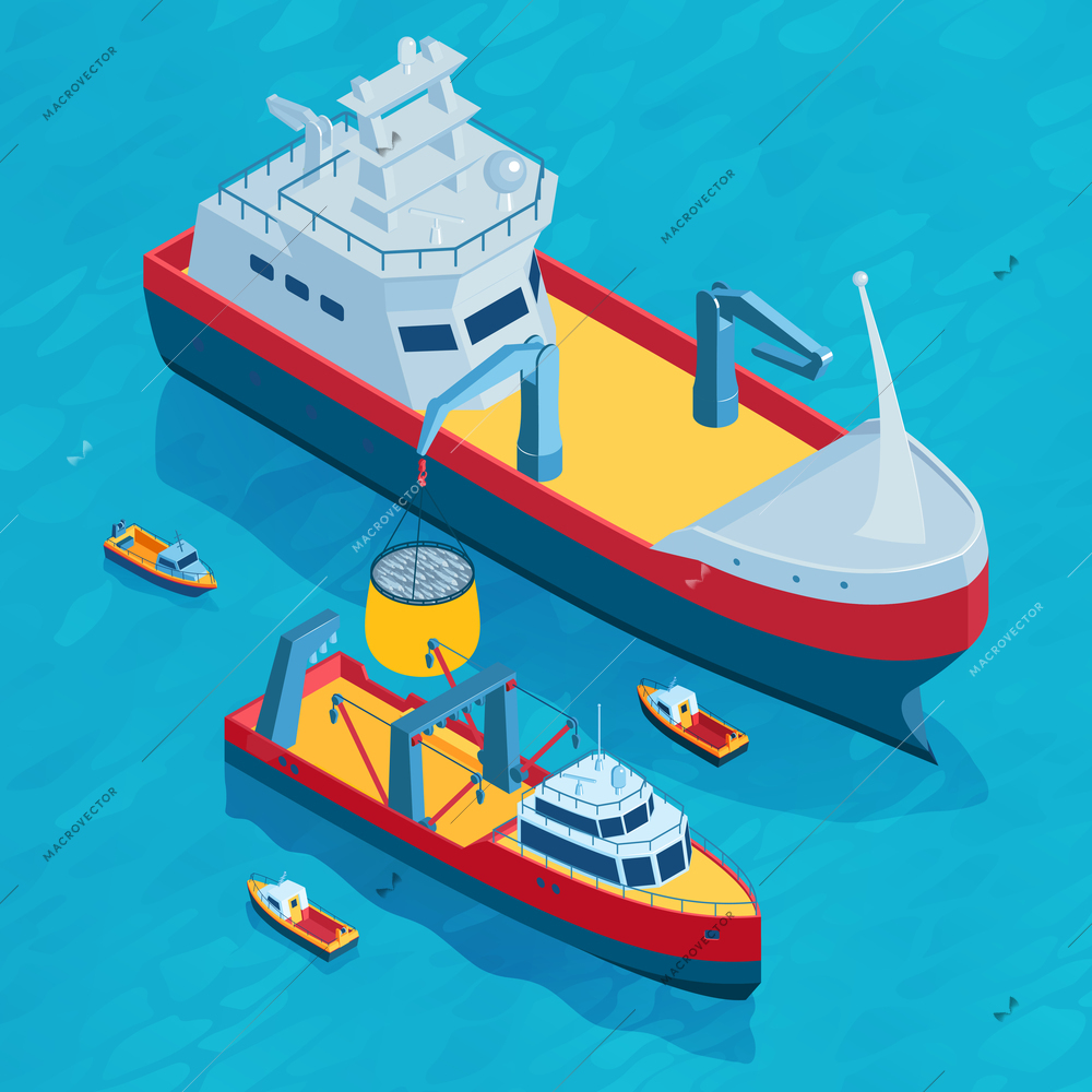 Isometric commercial fishing square composition with small and big trawl equipped boats in open sea scenery vector illustration