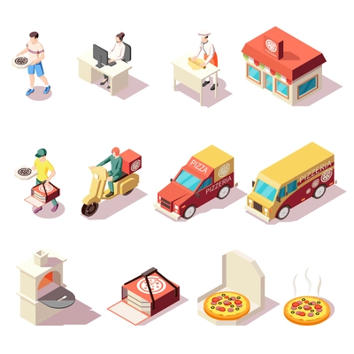 Pizza production pizzeria isometric set of isolated icons with courier characters package boxes and delivery cars vector illustration
