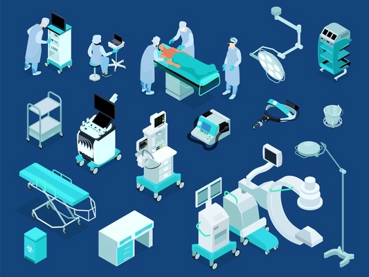 Medical operating room equipment isometric set with patient monitoring system surgeon assistants surgical table background vector illustration