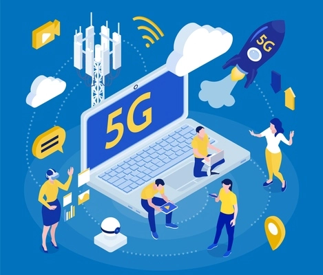 Internet 5g fast secure smart city infrastructure business network mobile devices promotion isometric background composition vector illustration