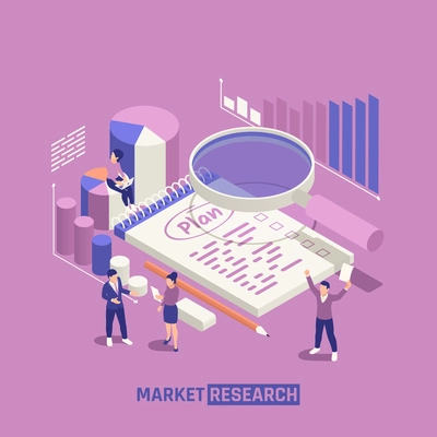 Market research isometric composition with magnifying glass business plan text in notepad and graphs vector illustration