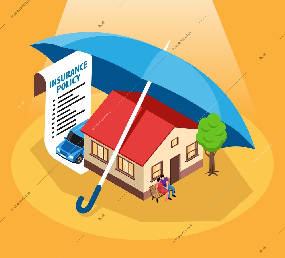 Isolated insurance horizontal composition with icons of house under umbrella with insuring agreement and human characters vector illustration