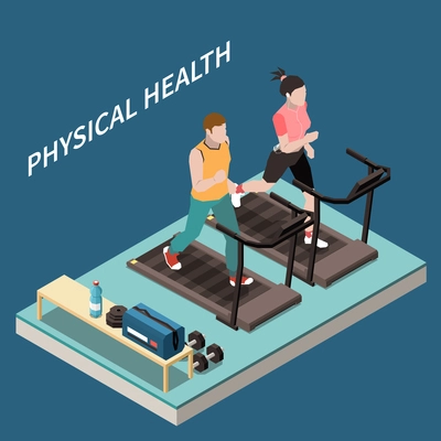 Personal growth self development isometric composition with view of gym running machines with people and text vector illustration