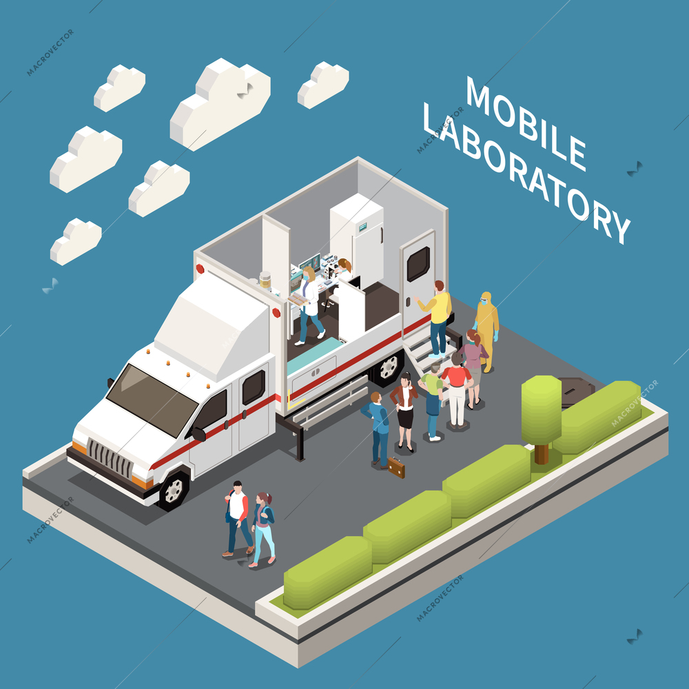 Laboratory diagnostics analysis service isometric composition with text and outdoor view of van with test equipment vector illustration