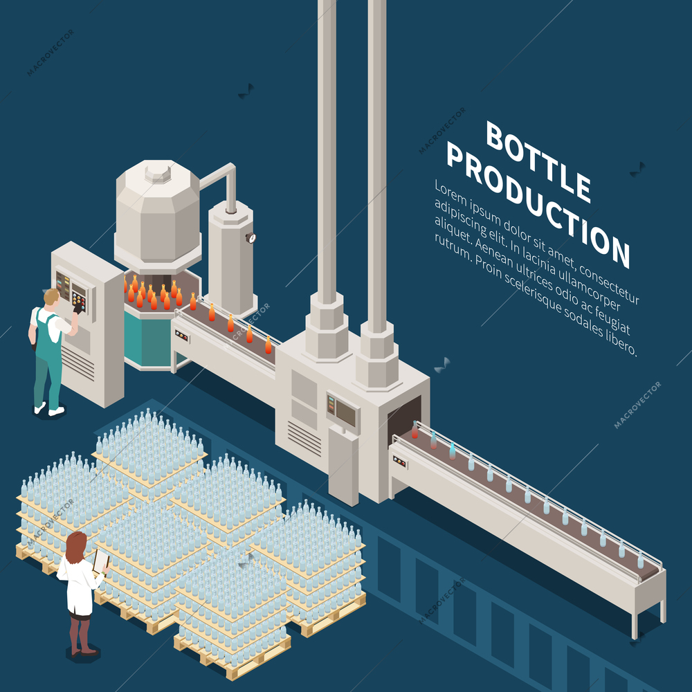 Glass production isometric background with composition of editable text view of industrial conveyor line and workers vector illustration