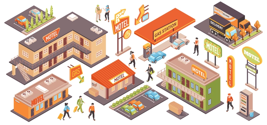 Motel color set with parking and gas station isometric isolated vector illustration