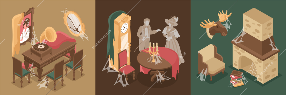 Old room interior square set with old furniture and ghosts isometric isolated vector illustration