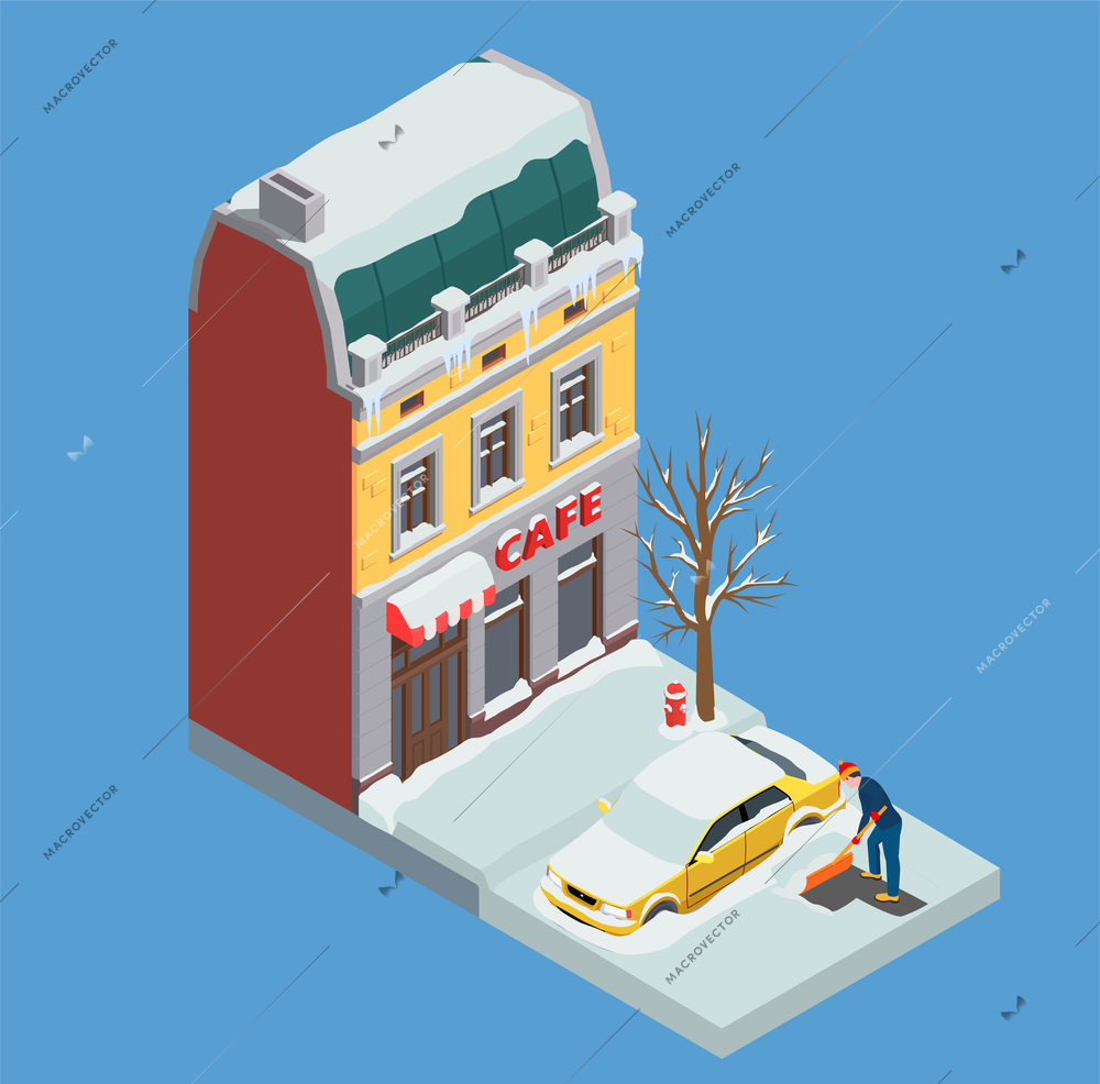 Snow cleaning isometric background  with man cleaning space around his car on residential house area vector illustration