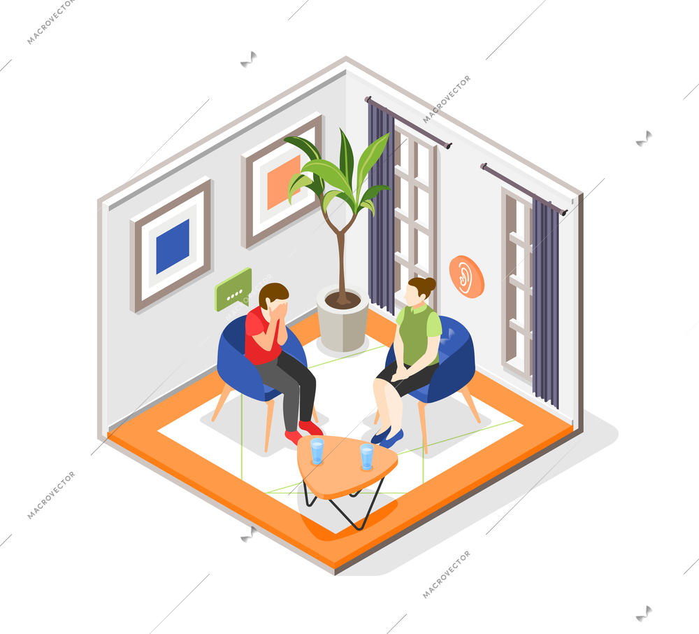 Mutual help isometric concept with psychological aid symbols vector illustration