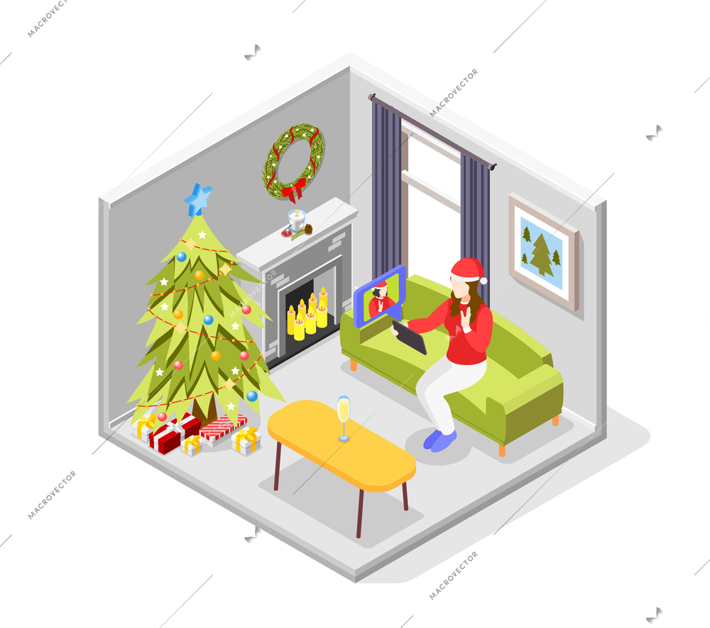 Remote quarantine party isometric concept with new year celebration symbols vector illustration