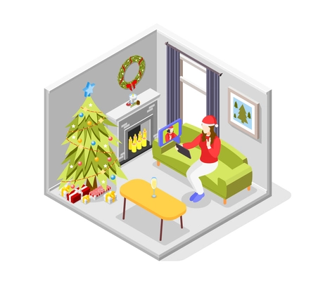 Remote quarantine party isometric concept with new year celebration symbols vector illustration