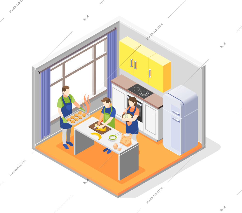 Family cooking together concept with culinary symbols isometric vector illustration