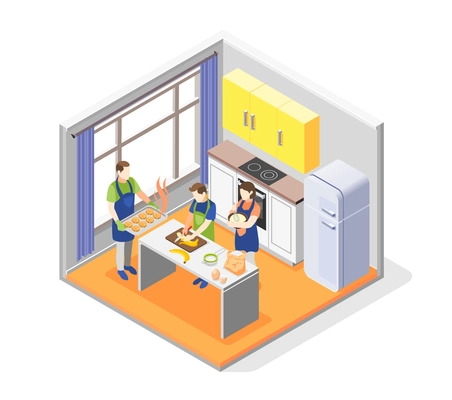 Family cooking together concept with culinary symbols isometric vector illustration