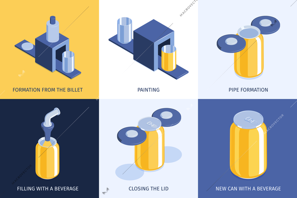 Aluminium cans recycling reprocessing concept isometric compositions with formation painting filling lid closing finished products vector illustration