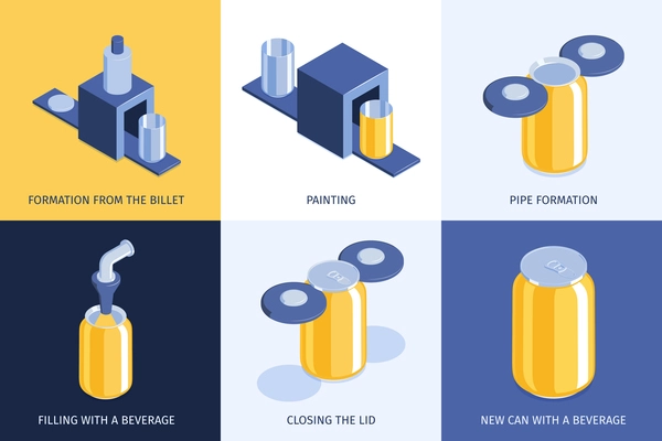 Aluminium cans recycling reprocessing concept isometric compositions with formation painting filling lid closing finished products vector illustration