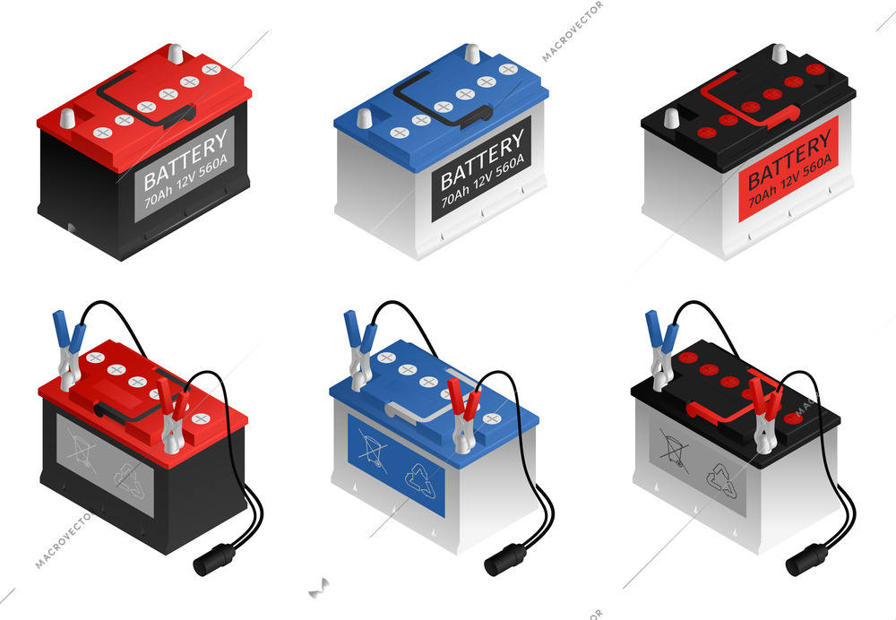 Automotive rechargeable car battery 6 isometric red blue black color set white background isolated vector illustration