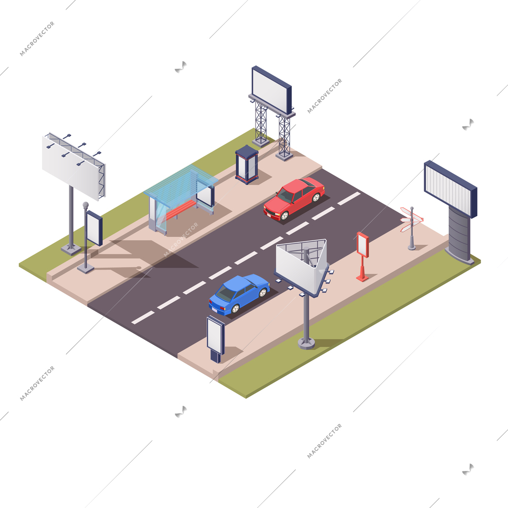 Isometric composition with various advertising constructions along road 3d vector illustration