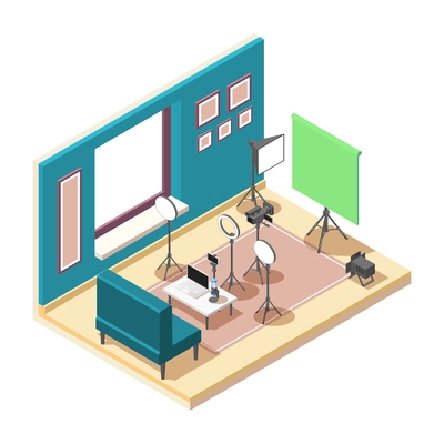 Isometric composition of vlogging studio with equipment for shooting video 3d vector illustration
