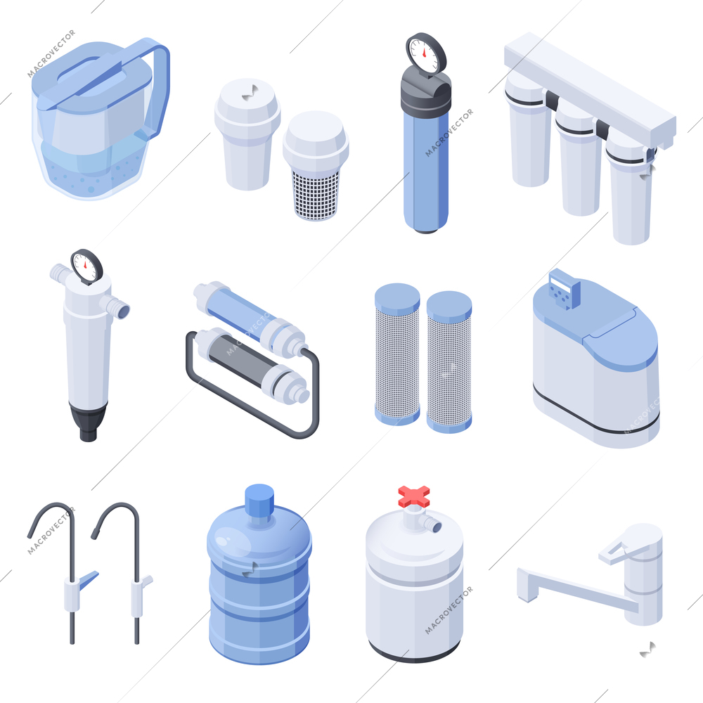 Equipment and containers for water filtration isometric 3d icons set isolated on white background vector illustration