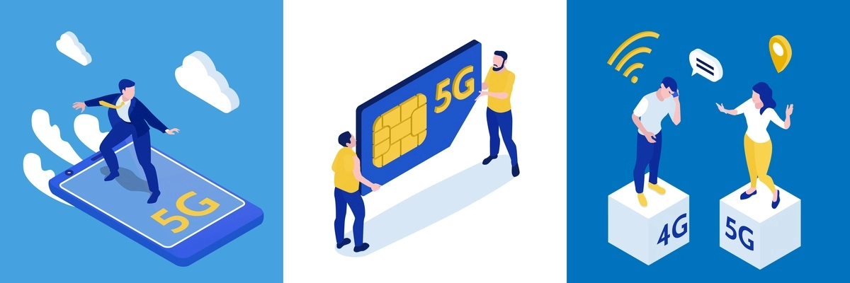 High speed 5g internet design concept with sim card and chatting human characters isometric isolated vector illustration