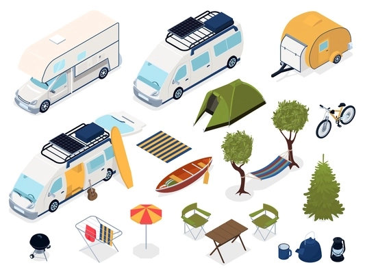 Isometric icons set with vehicles outdoor furniture appliances for trailer park 3d isolated vector illustration