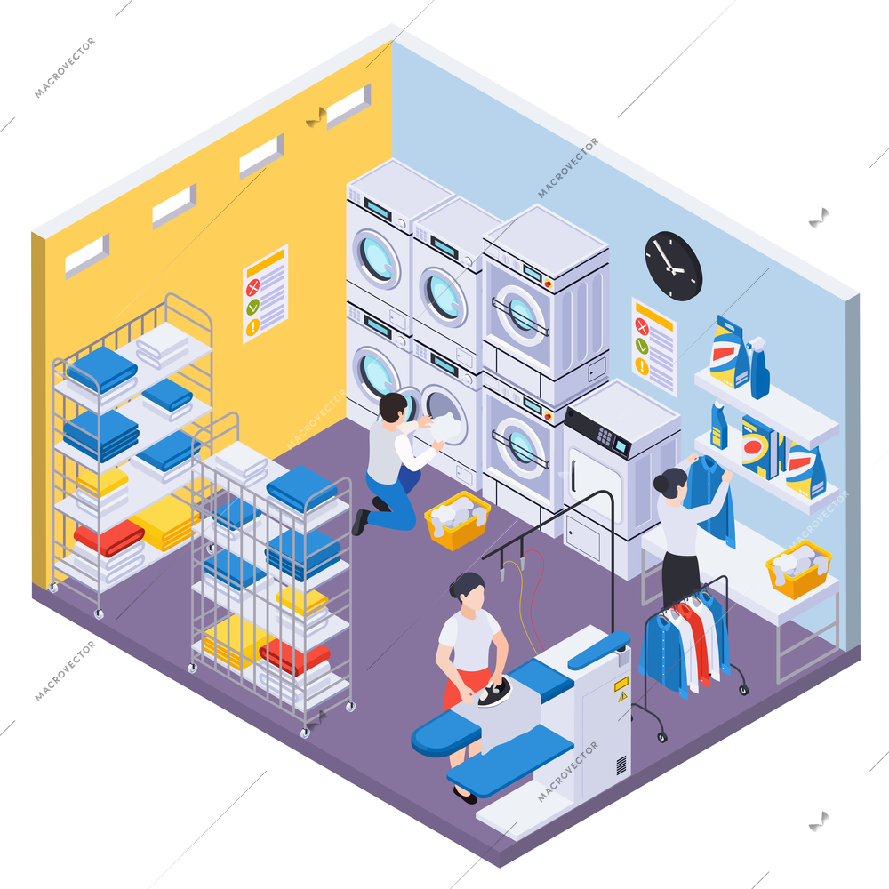 Laundry washing isometric composition with indoor view of room with washing machines skirt boards and workers vector illustration