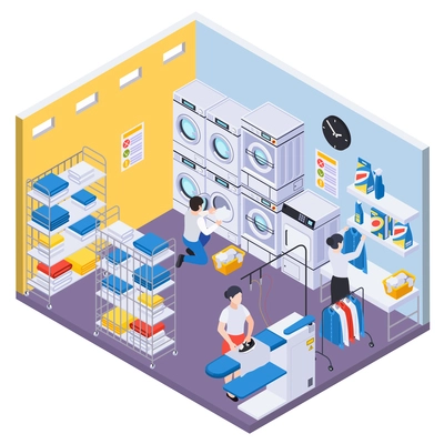 Laundry washing isometric composition with indoor view of room with washing machines skirt boards and workers vector illustration