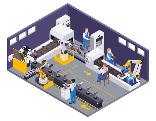 Footwear shoes production isometric composition with plant facilities moving line with human operators and ready shoes vector illustration