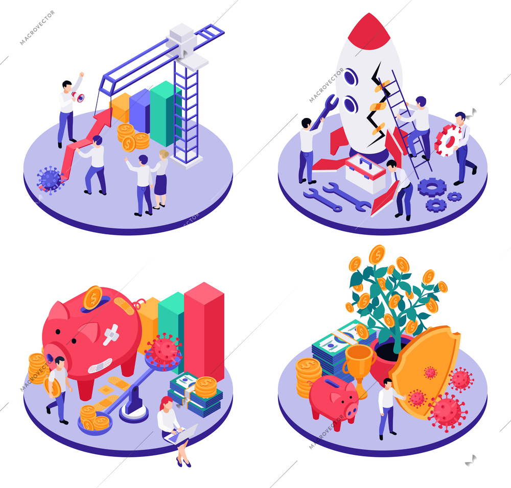 Set of four economic business recovery isometric compositions with bar chart elements cash workers and virus vector illustration