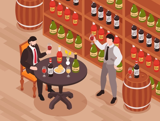 Wine tasting cellar isometric composition with customer taster at table owner sommelier standing with wineglass vector illustration