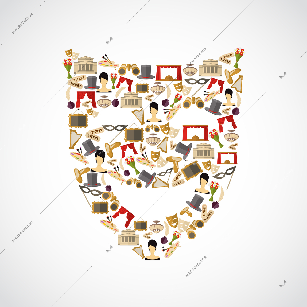 Theatre entertainment performance flat icon set in mask shape vector illustration