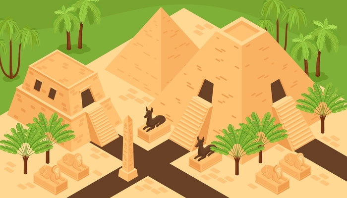 Ancient egypt landmarks historic monuments isometric background composition with kings valley pyramids god animal deities vector illustration