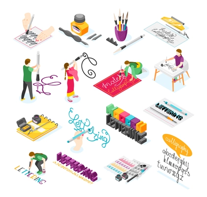 Hobby calligraphy isometric icons set of creative people practicing in spelling lettering and calligraphy isolated vector illustration