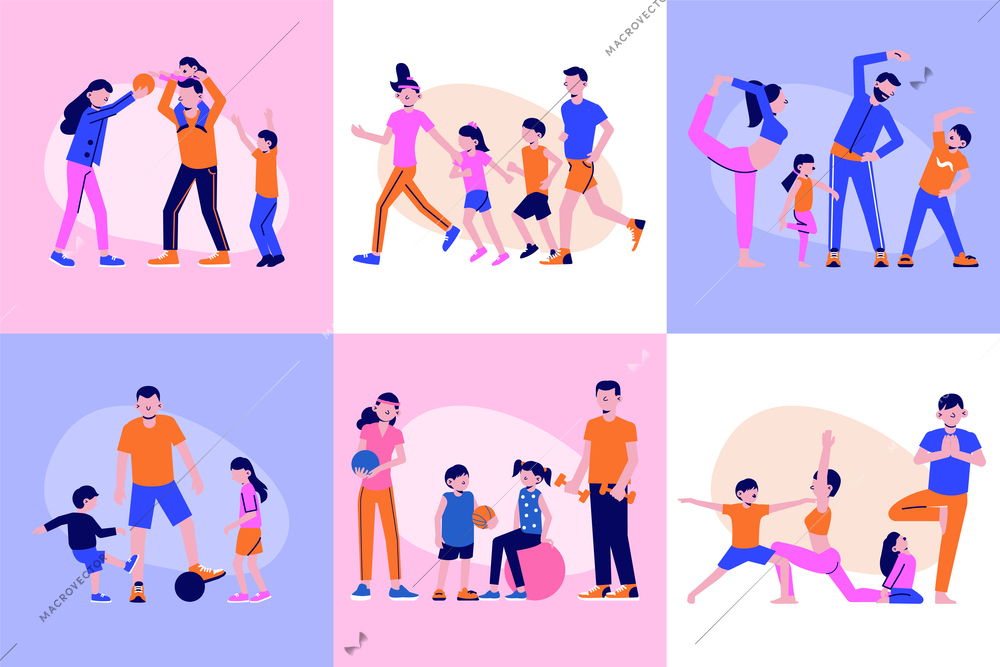 Family sport design concept with square compositions and characters of parents and kids performing fitness exercises vector illustration