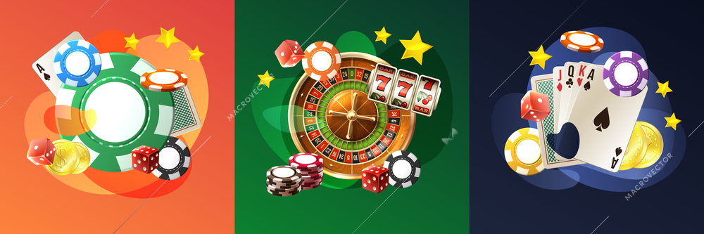 Realistic casino design concept with square compositions of gambling chips cards and roulette with golden stars vector illustration