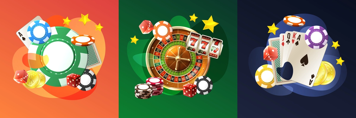 Realistic casino design concept with square compositions of gambling chips cards and roulette with golden stars vector illustration