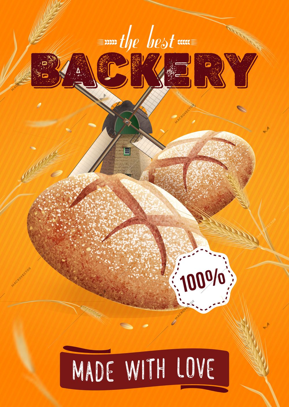 Realistic bread poster with composition of mill plant wheat and round bread images with ornate text vector illustration